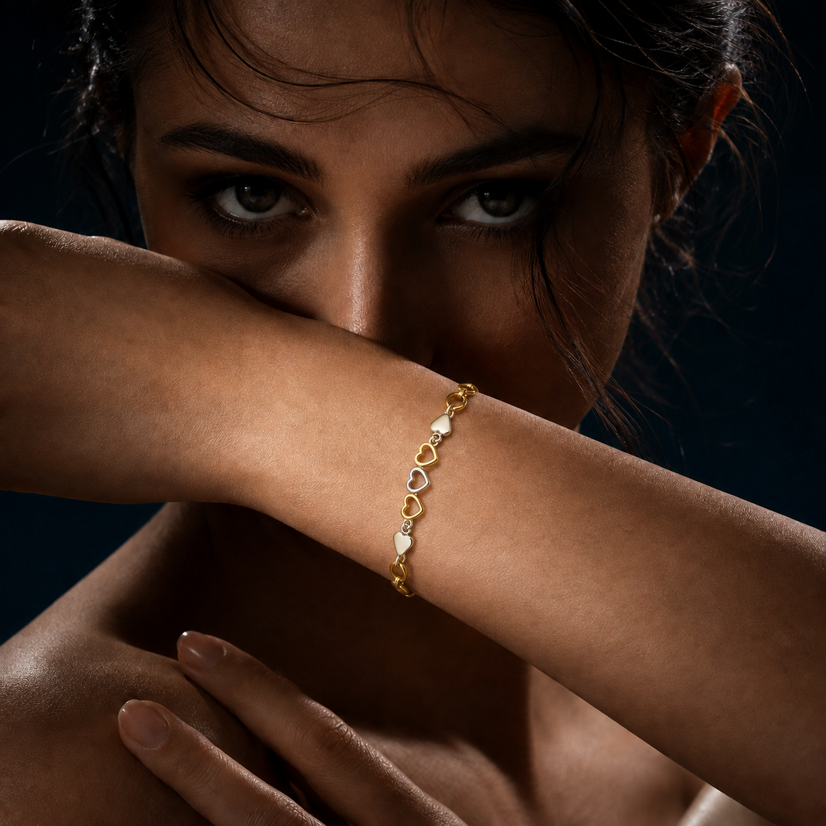925 Sterling Silver Gold-Tone Heart Link Chain Bracelet for Women
