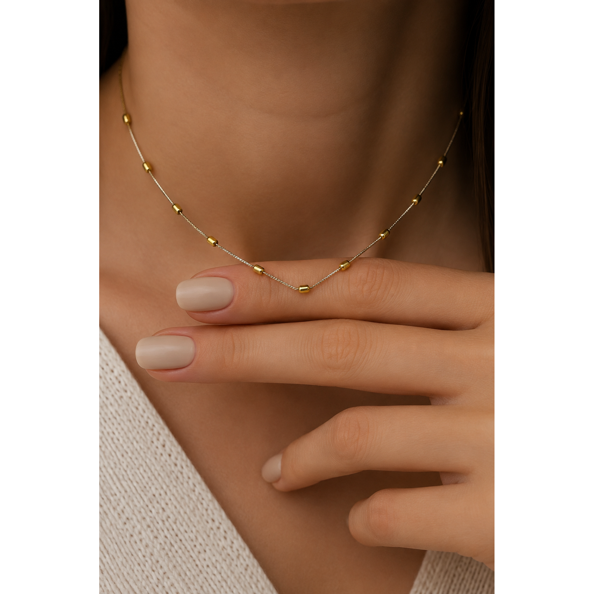 925 Sterling Silver Golden Round Bead Necklace for Women