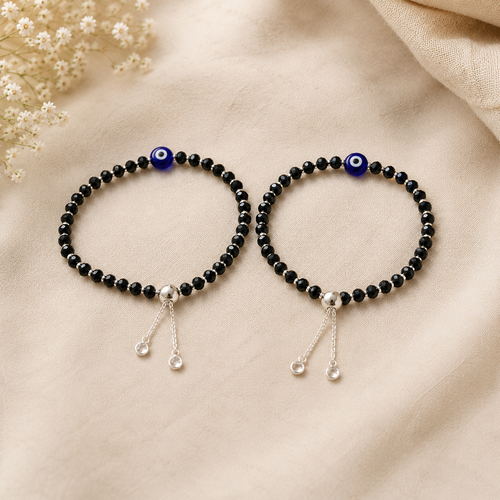 925 Sterling Silver Black Bead Evil Eye Nazariya Bracelet for Kids