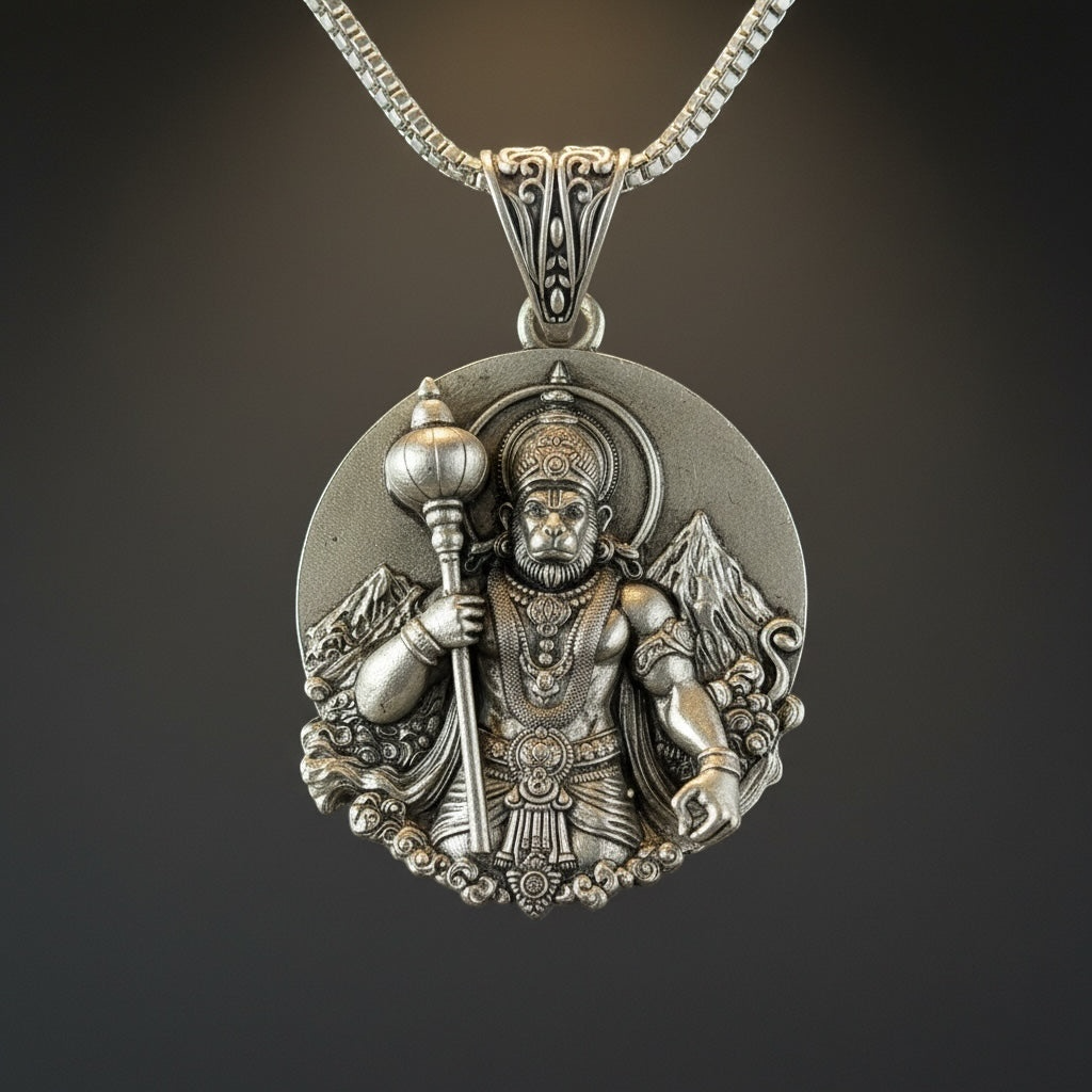Myver silver Lord Hanuman round pendant with 3D embossed Gada and mountain detail on a sturdy chain.