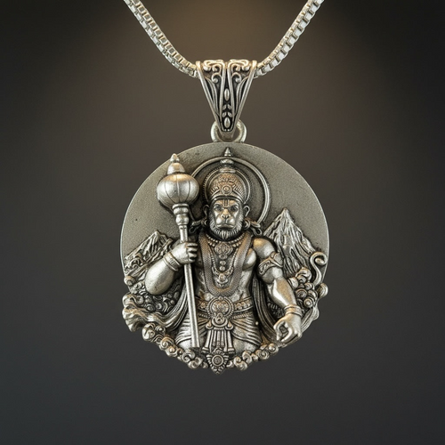 Myver silver Lord Hanuman round pendant with 3D embossed Gada and mountain detail on a sturdy chain.