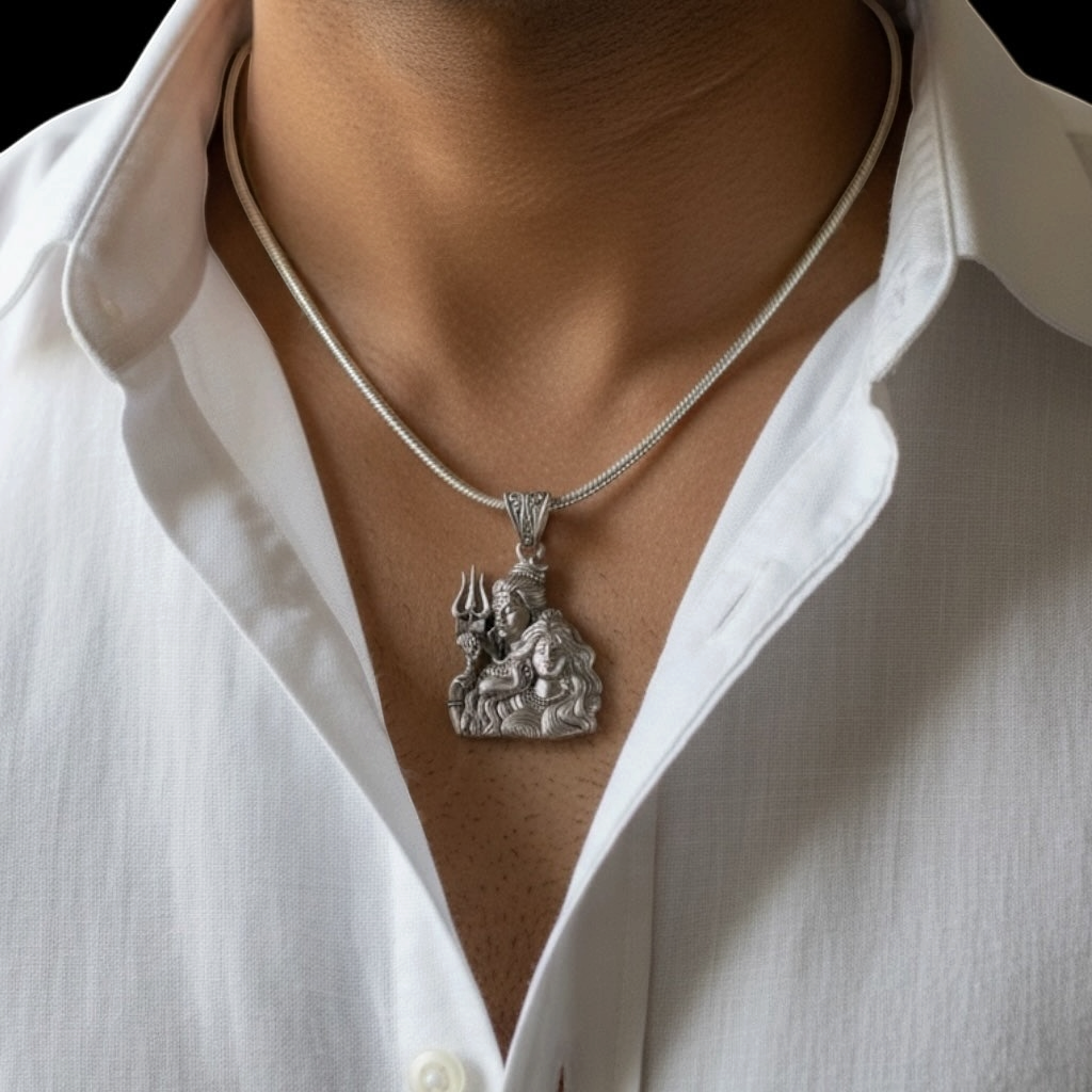 Myver sterling silver Shiva Parvati pendant necklace worn on a man in a white shirt, showcasing intricate divine detail.