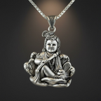 Myver sterling silver Lord Krishna pendant featuring an oxidized finish, detailed flute, and peacock feather design.